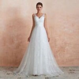 Womens Beach Lace Gown Wedding Dresses V-Neck A-line